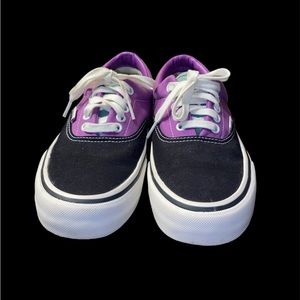 Vans era low purple, black, and green shoes|